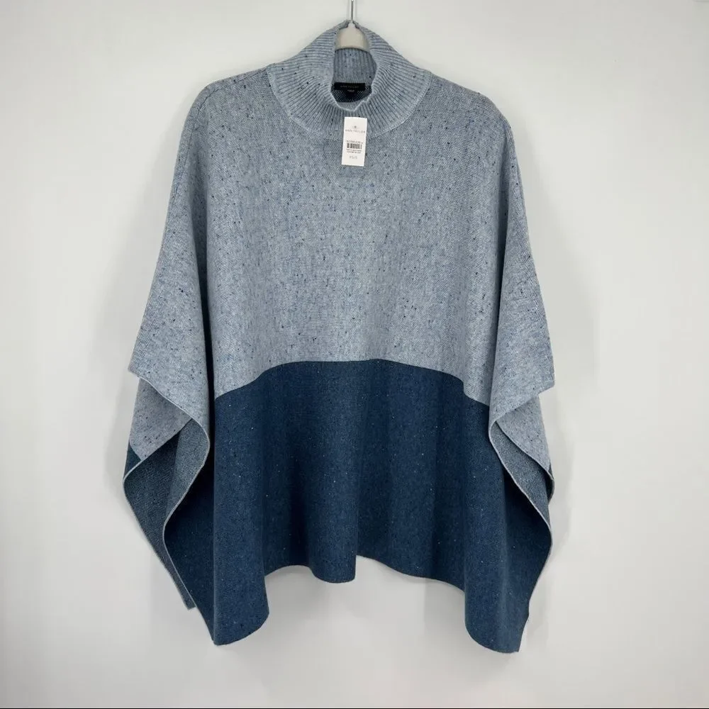 NEW ANN TAYLOR Blue Speckled Knit Mockneck Cape Poncho In Dark Navy - Picture 2 of 10